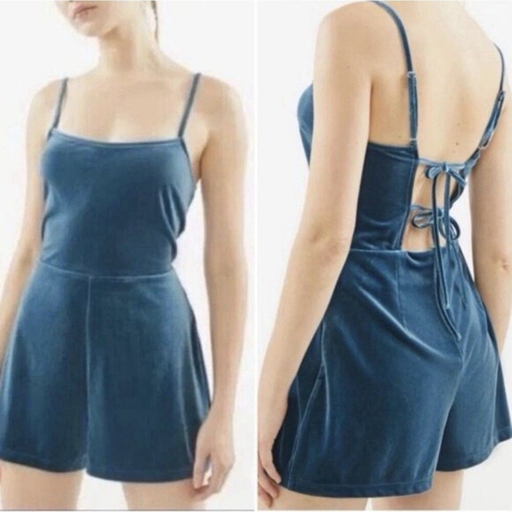 URBAN OUTFITTERS Luxe Teal Velvet Sleeveless Tie Back Romper Size S P Party UO
